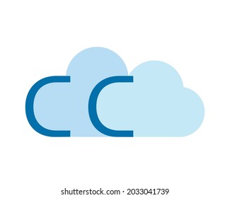 Cloud computing logo and concept. Two clouds of different shades of blue separated by two C's of another shade of blue mean to represent "cloud computing". White background.