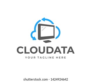 Cloud computing logo design. Cloud storage with computer monitor vector design. Network data technology logotype