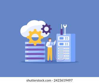 Ein Cloud-Computing-Wartungskonzept. Reparatur und Konfiguration von Cloud-Speichersystemen. IT-Support-Mitarbeiter oder Server-Admin verwalten das System im Server. Design des Illustrationskonzepts. Grafikelement