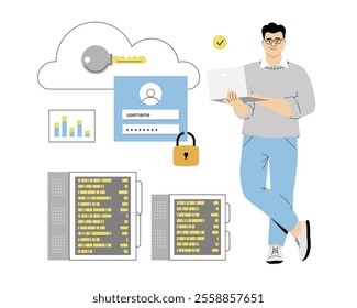 Cloud Computing Maintenance. Repair and configuration of cloud storage system. IT support, server admin manage the system. Vector illustration on isolated white background.	
