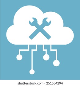 cloud computing, mechanical workshop concept over blue color background