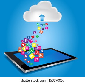 Cloud computing and mobility concept. Cloud with Tablet PC and application icons, 