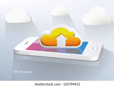 Cloud computing and mobility concept: touchscreen smartphone and  clouds with arrow as uploading symbol. Vector illustration.