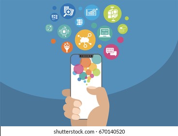 Cloud computing and mobility concept as vector illustration with hand holding modern bezel-free / frameless smartphone and icons