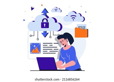 Cloud computing modern flat concept for web banner design. Woman working on laptop, processing files and images online and using cloud technologies. Vector illustration with isolated people scene
