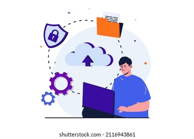 Cloud computing modern flat concept for web banner design. Man works at laptop and transfers files, creates backup copies, stores data in cloud storage. Vector illustration with isolated people scene