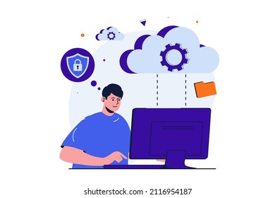 Cloud computing modern flat concept for web banner design. Man works at computer, uploads files to secure cloud storage and uses database service. Vector illustration with isolated people scene