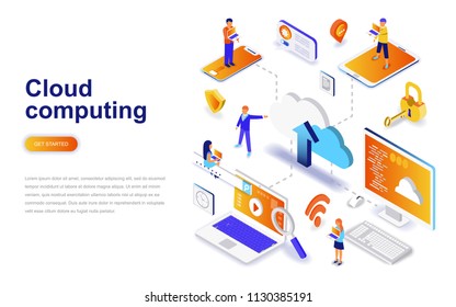 Concepto isométrico moderno de diseño plano de cloud computing. Tecnología de negocios y concepto de personas. Plantilla de página de destino. Ilustración conceptual isométrica vectorial para diseño web y gráfico.