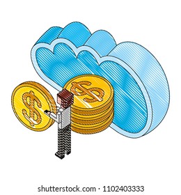 cloud computing with money coins and businessman isometric icon