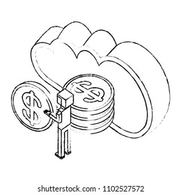 cloud computing with money coins and businessman isometric icon
