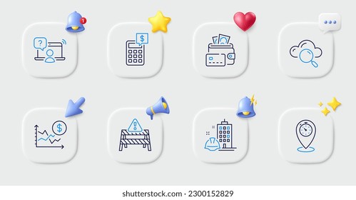 Cloud computing, Money and Warning road line icons. Buttons with 3d bell, chat speech, cursor. Pack of Timer, Dollar rate, Online question icon. Calculator, Construction building pictogram. Vector