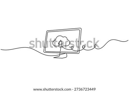 Cloud computing monitor screen continuous one line art data upload technology concepts