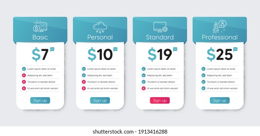 Cloud computing, Monitor settings and Bitcoin system line icons set. Price table chart, business plan template. Startup sign. Online storage, Service cogwheel, Cryptocurrency monitor. Vector