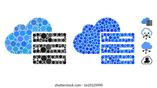 Cloud computing mosaic of round dots in variable sizes and color hues, based on cloud computing icon. Vector round dots are composed into blue mosaic.