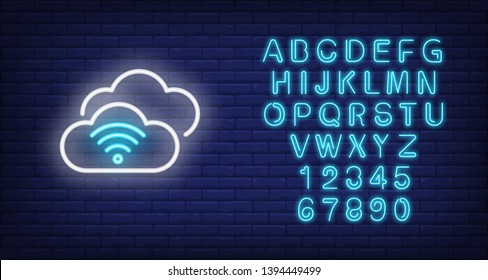Cloud computing neon sign. Wifi, communication, technology concept. Advertisement design. Night bright neon sign, colorful billboard, light banner. Vector illustration in neon style.