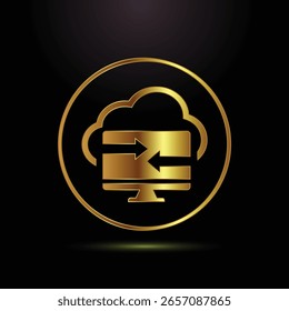 Rede de computação em nuvem com seta Ícone de transferência de dados de troca Golden Design em fundo preto