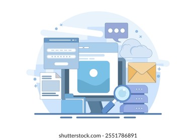 Cloud computing network concept, Cloud applications, applications connected to cloud technology, Data storage and processing. Backup. Services and hosting. Copying files. Vector illustration.