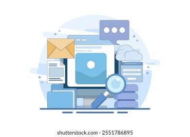 Cloud computing network concept, Cloud applications, applications connected to cloud technology, Data storage and processing. Backup. Services and hosting. Copying files. Vector illustration.