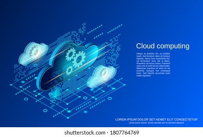 Cloud computing, network, data processing flat isometric vector concept illustration