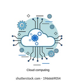 Cloud computing, network, data processing flat design style vector concept illustration