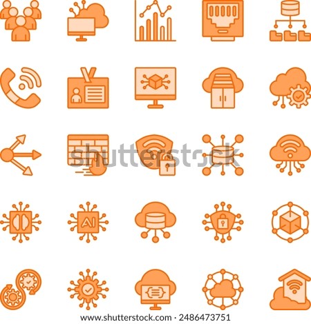 Cloud Computing Network Dual Tone Icons Set. Contains Icons such as Statistics, Artificial Intelligence, Big Data, Cloud Computing, Firewall, Identity, Ethernet, Queue, Container, Cybersecurity.