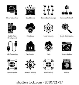 Cloud Computing Network Glyph Icons - Solid, Vectors