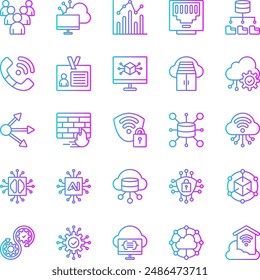 Cloud Computing Network Gradient Icons Set. Contains Icons such as Statistics, Artificial Intelligence, Big Data, Cloud Computing, Firewall, Identity, Ethernet, Queue, Container, Cybersecurity.