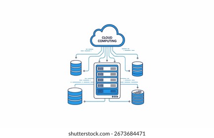 A cloud computing network illustration featuring servers, data storage units, and connected lines.