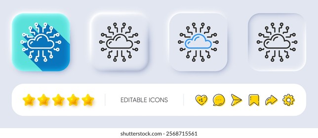 Cloud computing network line icon. Neumorphic, Flat shadow, 3d buttons. Internet data storage sign. File hosting technology symbol. Line cloud network icon. Social media icons. Vector