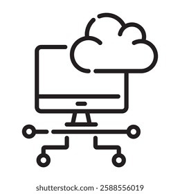 Cloud computing and network outline icon, data processing and digital connection symbol, black and white vector illustration isolated on white background.