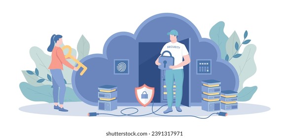 Cloud Computing Network Safety. Digital data protection, cyber security software. Vector illustration with character situation for web.	
