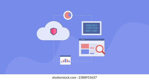 Cloud computing network, Secure data on cloud storage, content distribution, digital content - vector illustration banner with icons