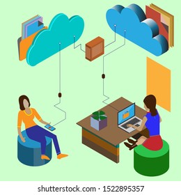 Cloud computing network and secure file like media, documents sharing over cloud network concept, isometric vectors