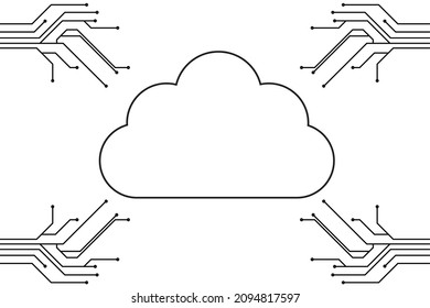 Concepto de informática en la nube y tecnología de seguridad de red, tarjeta de circuito con símbolo en la nube y enlaces de conexión. ilustración vectorial