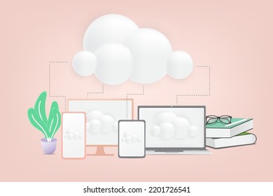 Cloud computing, network cloud service, cloud storage. 3d cloud on screen computer desk top, laptop, smartphone and tablet. 3d design modern vector illustration concept. 3D Vector Illustration.