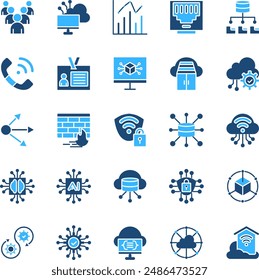 Cloud Computing Network Solid Color Icons Set. Contains Icons such as Statistics, Artificial Intelligence, Big Data, Cloud Computing, Firewall, Identity, Ethernet, Queue, Container, Cybersecurity.