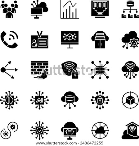 Cloud Computing Network Solid Icons Set. Contains Icons such as Statistics, Artificial Intelligence, Big Data, Cloud Computing, Firewall, Identity, Ethernet, Queue, Container, Cybersecurity.