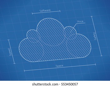 Cloud computing network technology symbol blueprint and service qualities: speed, capacity, software, safety, price. Concepts: Internet web files storage, database, iCloud, Google Drive, Dropbox etc.