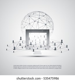 Cloud Computing and Networking Concept, Global Digital Network, Technology Background, Creative Design Template with Business Connections, Transparent Geometric Grey Wireframe Sphere