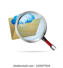  Cloud computing and networking design concept, Cloud symbol in a folder,Observe details with a magnifying glass.