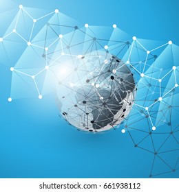 Cloud Computing and Networks Concept with Earth Globe - Global Digital Network Connections, Technology Background, Creative Design Template with Transparent Geometric Wire Mesh