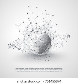 Cloud Computing and Networks Concept with Earth Globe - Global Digital Network Connections, Technology Background, Creative Design Template with Transparent Geometric Grey Wire Mesh