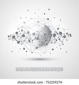 Cloud-Computing- und Netzwerkkonzept mit Earth Globe - Globale digitale Netzwerkanschlüsse, Technologie-Hintergrund, Vorlage für kreatives Design mit transparentem geometrischem GraudrahtMesh
