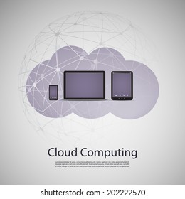 Cloud Computing and Networks Concept with Laptop Computer, Tablet and Smartphone. Eps 10 Stock Vector Illustration