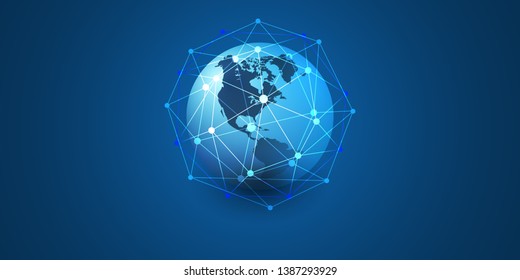 Cloud Computing And Networks Concept With North And South America Side Of The Earth Globe - Abstract Global Digital Connections, Technology Background, Creative Design Element Template