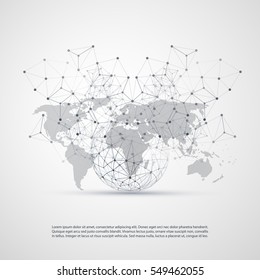 Cloud Computing and Networks Concept with World Map - Global Digital Network Connections, Technology Background, Creative Design Template with Transparent Geometric Grey Wire Mesh 