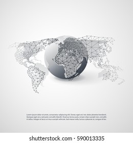 Cloud Computing and Networks Concept with World Map - Global Digital Network Connections, Technology Background, Creative Design Template with Transparent Geometric Grey Wire Mesh 