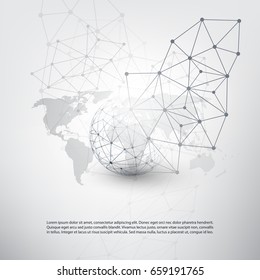 Cloud Computing and Networks Concept with World Map - Global Digital Network Connections, Technology Background, Creative Design Template with Transparent Geometric Grey Wire Mesh