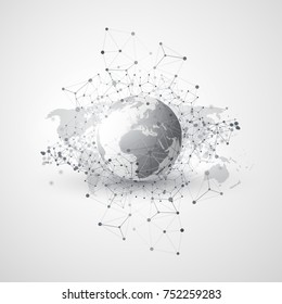 Cloud Computing and Networks Concept with World Map - Global Digital Network Connections, Technology Background, Creative Design Template with Transparent Geometric Grey Wire Mesh