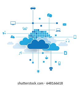 Cloud Computing, Networks Design Concept with Icons Representing Various Kinds of Digital Devices or IoT Services